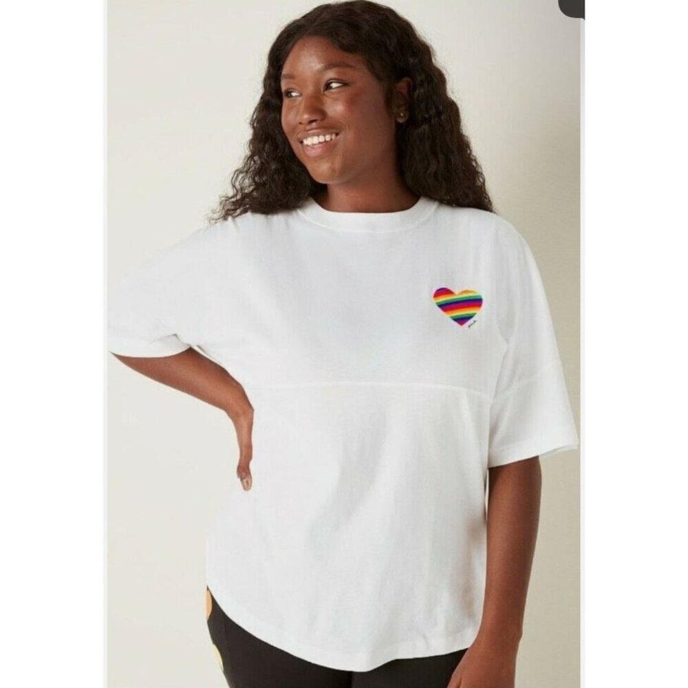 PINK Victoria's Secret Varsity Crew Pride Rainbow Tee Shirt Size L NEW Oversized - Picture 2 of 12